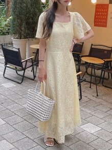 DAZY Elegant Creamy Yellow Lace Collar & Ruffle Sleeve Mid-Length Dress For Women Dress - Light Yellow - View 11