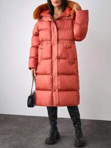 EURMUSE Solid Color, Faux Fur Hooded, Zip Up Winte Coar - Bronze - View 5