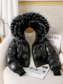 SHEIN 1pc Tween Girl High Waist Short Fitted Padded Coat, Detachable Furry Collar Hooded Casual Padded Coat For Autumn/Winter Fall