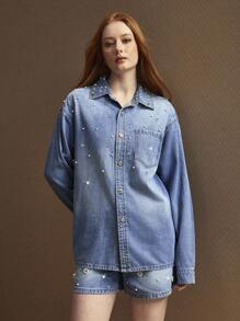 Selenza 2 件套女式牛仔套装，长袖上衣和阔腿短裤，夏季新款时尚水钻和珍珠花朵设计 - 藍色 - 查看 3