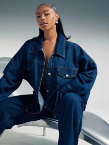 Denimoi 落肩长袖宽松单排扣休闲口袋牛仔衬衫长袖牛仔上衣 - 深色水洗藍 - 查看 5