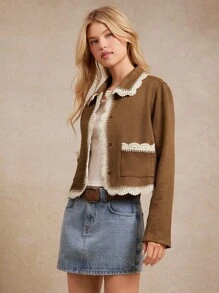 WESTFADE Faux Suede & Crochet Lace Collared Button Front Boxy Jacket Back To School Country Western Fall Vintage - Brown - View 6