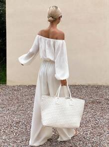 Livesso 新款秋季宽松休闲度假棉麻露肩女装两件套 - 白色 - 查看 2