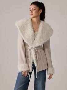 SHEIN MOD 女士秋冬大领收腰系带休闲长袖夹克 - 白色 - 查看 7