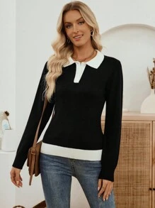 EMERY ROSE Áo len dệt kim dài tay cổ tròn màu trơn cổ polo thiết kế ngách đa năng cho nữ Áo len có cổ cho nữ Áo len chui đầu cho nữ Áo len polo dài tay cho nữ Áo len phong cách học sinh cho nữ Áo dài tay cho nữ vào mùa thu/đông - màu đen - Xem 8