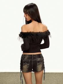 Rina Fox Women's Fashion Fuzzy Patchwork Off Shoulder Top - Black - View 3