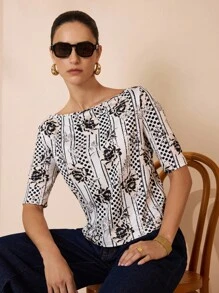 Shutterstock Glamance Women's Off Shoulder Fitted Mid-Sleeve Printed T-Shirt Women S Blouses For Summer Women S Work Tops Floral Print Top Half Sleeve Top Boat Neck Top Business Casual Outfits Elegant