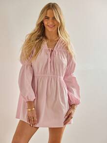 Aralina Váy ngắn tay dài họa tiết boho vintage thường ngày thu/đông dễ thương cho nữ, hoàn hảo cho trang phục sinh nhật và trang phục hòa nhạc đồng quê cho nữ - Hồng - Xem 4