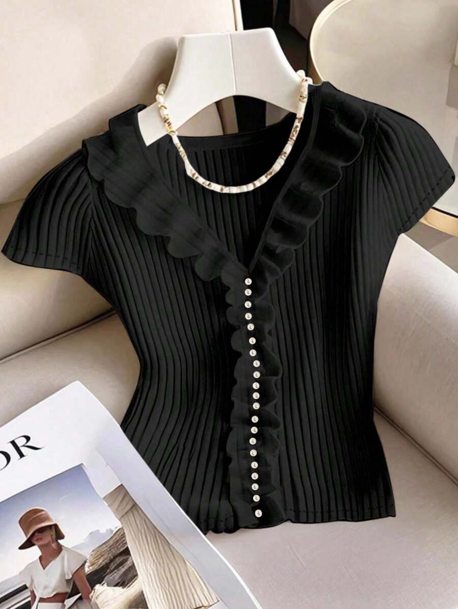 GlowEve Áo thun nữ viền bèo nhún màu trơn thanh lịch, mùa hè - màu đen - Xem 1