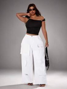 Slaydiva Plus Size Casual Solid Color Patch Distressed Wide Leg Jeans - White - View 6
