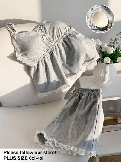 Comfortcana 大码女式两件套针织加厚吊带背心和蕾丝边短裤套装，夏季
