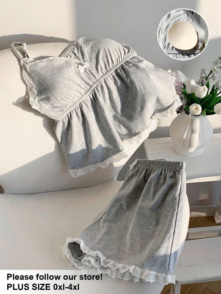 Comfortcana 大码女式两件套针织加厚吊带背心和蕾丝边短裤套装，夏季