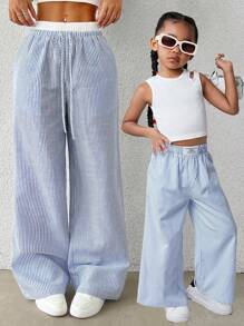 Young Girl Cute Summer Knit White Tank Top & Striped Elastic Waist Loose Pants Set
