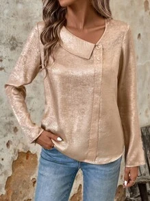 EMERY ROSE Fall Outfits Coated Shiny Asymmetrical Collar Long-Sleeved Shirt - Gold - View 1