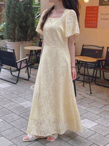 DAZY Elegant Creamy Yellow Lace Collar & Ruffle Sleeve Mid-Length Dress For Women Dress - Light Yellow - View 14