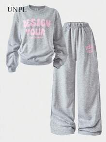 SHEIN Explorewe Mädchen Lässig Set aus Sweatshirt mit Buchstaben-Muster und Langarm Rundhalsausschnitt und Hose