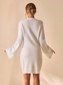 CLARA VERO WOMEN WHITE SLIM FIT KNIT TOP WITH PEARL BOW DETAIL & FLARED SLEEVES, A-LINE MINI SKIRT SET,Jumper Dress,Jumper Dress Woman,Winter Dress,Knitted Dress,Dress,Winter Dresses - White - View 2