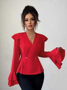 Selianne New Vintage Style Women's Red Long Sleeve V-Neck Ruffle Trim Metal Button Decor Blouse - Red - View 6