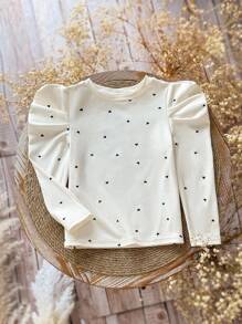 SHEIN 年轻女孩心形图案圆领羊腿袖休闲T恤 - 白色 - 查看 1