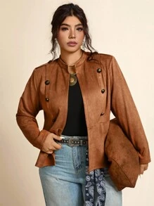 Freevana Plus Size Women's Solid Color Long Sleeve Double-Breasted Casual Jacket Fall Winter Business Casual Chic Suede Jacket - Mocha Brown - View 7