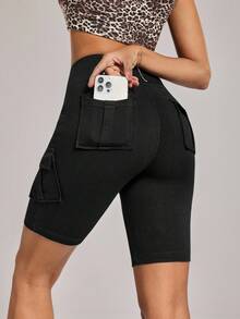 SHEIN FlexDen 女式松紧腰工装口袋紧身休闲牛仔短裤 - 黑色 - 查看 2