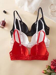 SHEIN 3 件套基本款休闲女士内衣套装，蕾丝拼接加厚聚拢文胸 - 彩色 - 查看 2