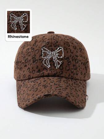 Grunge Punk 1pc Women's Bow Leopard Print Rhinestone Baseball Cap