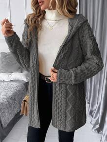 SHEIN Clasi 秋冬女士纯色简约日常长袖连帽纹理羊毛夹克 - 深灰色 - 查看 8
