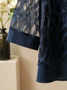 Lacomfia Camicetta da donna taglie forti con maniche a 3/4, in colore unito, con ricamo e rete - Blu Navy - Visualizzare 5