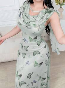 Feyla Women's Elegant Butterfly Print Dress - Green - View 4