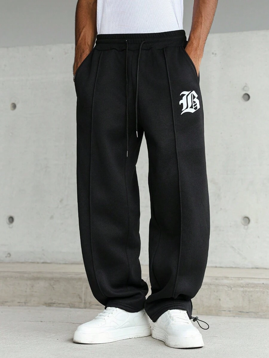 PAVTROS 男士字母印花抽绳腰袋宽松休闲运动裤 - 黑色 - 查看 1