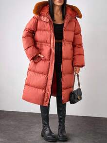 EURMUSE Solid Color, Faux Fur Hooded, Zip Up Winte Coar - Bronze - View 1