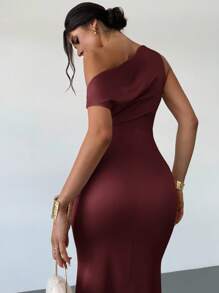Firerie Women's Champagne Asymmetric Satin Mermaid Dress, Elegant Evening Gown For Formal Occasions, Suitable For Commute, Formal, Sexy, Romantic, Date, Wedding Season, Graduation, Performance, Concert Formal Dresses For Wedding Guest,Wedding Guest Dress - Burgundy - View 2