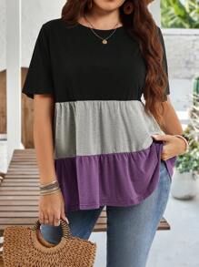 EMERY ROSE Damen Große Größen Farbblock Rundhals Kurzarm Rüschen Saum Lässig Tunika Tops für Frühling und Sommer Muttertag