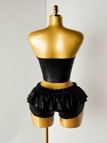 BamGleam Chic Autumn Summer Sexy Solid Color Ruffle Hem Mini Shorts - Black - View 2