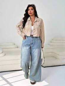 Solflare 大码女式纯色落肩长袖单排扣休闲夹克 - 卡其色 - 查看 3