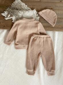 SHEIN 2 Stücke Baby Mädchen Set mit Rundhals Strickjacke Pullover & Leggings mit elastischem Bund, lässige koreanische Mode Outfit mit Mütze, bequem & weich für Herbst/Winter