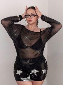 GalTyme Áo cánh rộng rãi lưới mỏng cỡ lớn cho nữ - màu đen - Xem 4