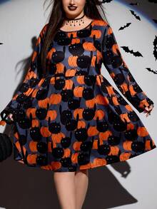 SHEIN CURVE+ Plus Size Women Halloween Pumpkin Print Long Sleeve Loose Casual Smock Dress/Autumn /Winter - Multicolor - View 1