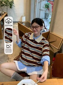 DAZY 女士条纹休闲韩版短袖T恤，适合返校季 - 咖啡棕 - 查看 2