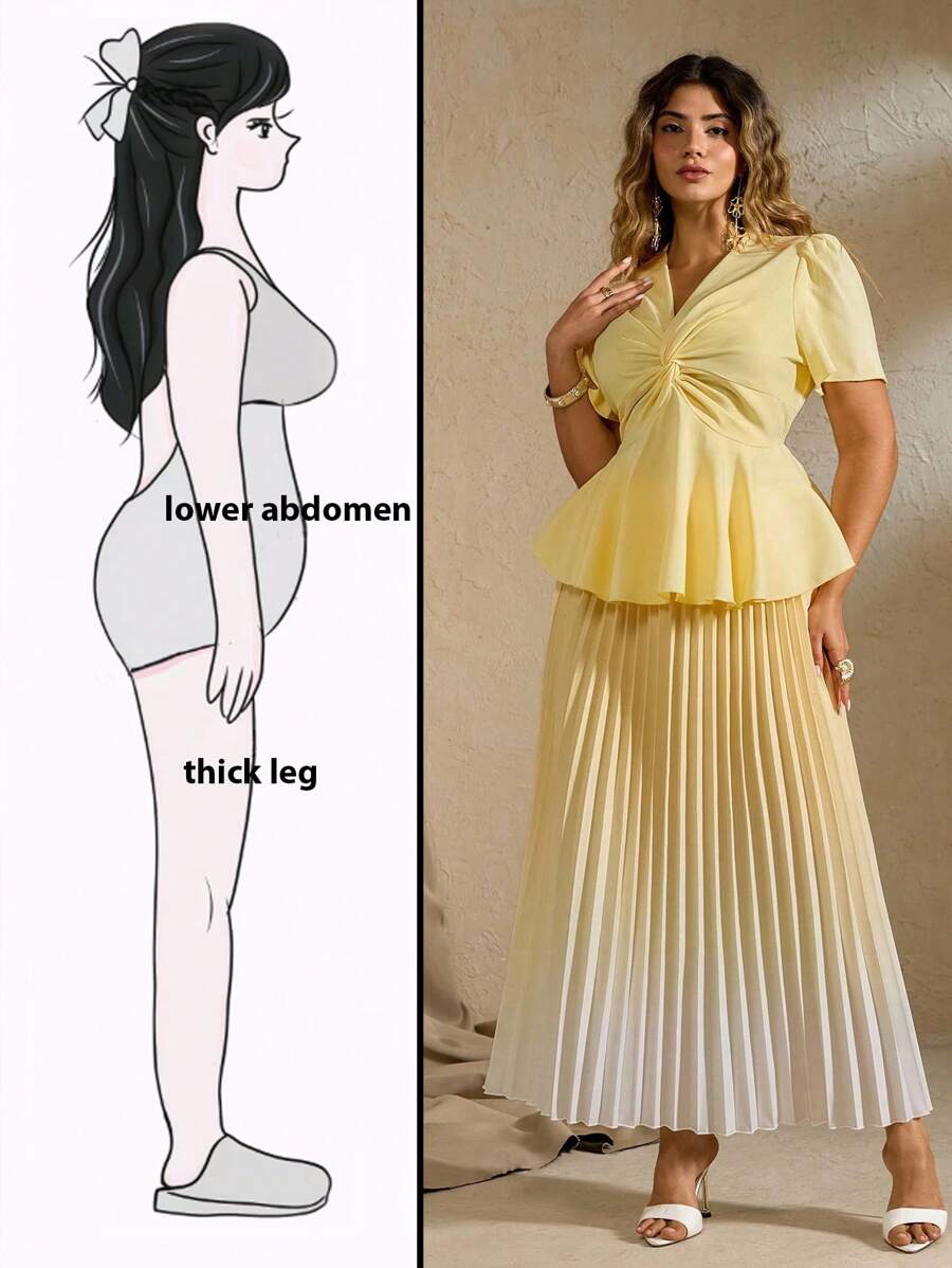 Roveilla 2 Pieces Plus Size Ombre Elegant V-Neck Top & Pleated Skirt Set