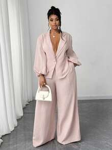 Maweii Plus Size Elegant Commuter Solid Color Lantern Sleeve Jacket And Pants 2 Pieces Set