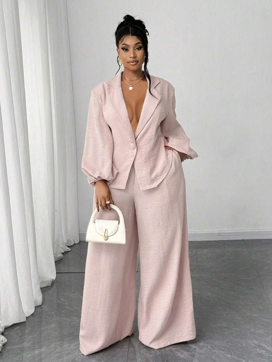 Maweii Plus Size Elegant Commuter Solid Color Lantern Sleeve Jacket And Pants 2 Pieces Set