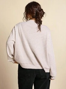 SHEIN LUNE 大码女式针织人字纹千鸟格棒球夹克拉链开衫女式轻便夹克女式披肩秋季女装秋季女装飞行员夹克商务休闲女式教师装圣诞节工作/办公室 - 杏色 - 查看 8