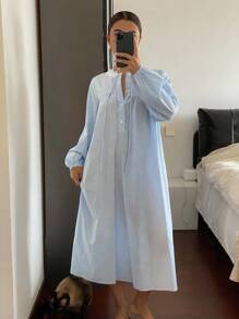DAZY 条纹领结灯笼袖宽松女士休闲连衣裙，秋冬睡衣，舒适家居服，宽松睡裙 - 藍白色 - 查看 6