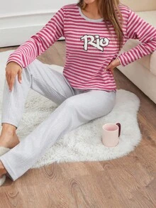 EURMUSE Set pigiama da donna composto da 2 pezzi, maglia a maniche lunghe con ricamo a lettere e pantaloni a costine a righe, comodo abbigliamento da casa e relax
