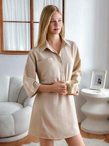 EURMUSE Vestido curto elegante de linho com botões frontais e elásticos, para mulheres - Bege - Ver 4