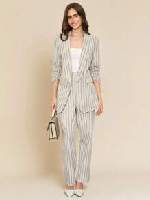 Amorya Áo khoác blazer sọc cổ điển dành cho nữ, Thời trang đi làm hàng ngày, Trang phục công sở giản dị mùa thu đông trở lại trường, Buổi hòa nhạc đồng quê, Mùa thu phù hợp để đi làm, Phong cách Old Money, Giáo viên, Vải lanh mới 2025 - Nhiều màu - Xem 6