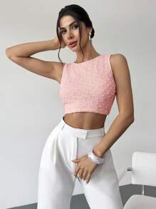 Firerie Women's Apricot Crew Neck Sleeveless Backless T-Shirt Top, Textured Fabric Top, Summer Top, Women's Casual Holiday Top