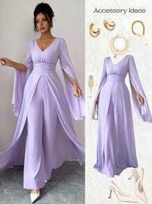 Rafferiza 紫色时尚简约优雅 V 领褶皱网眼灯笼袖女式春夏连体裤，搭配同色飘逸网眼装饰设计新颖女士连体裤 - 淡紫色 - 查看 7